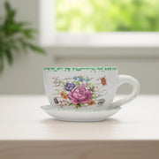 Floral Basket Teacup Planter Ceramic Teacup | Tea Cup | Home Decor | Decorative teacup flower pot for small plants | Unique flower pot for succulents | Vintage style tea cup flower pot for herbs | Decorative flower pot with saucer for tabletop